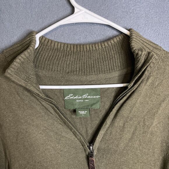 EDDIE BAUER 1/4 Zip UP‎ Mock Neck Green Cashmere Blend Sweater Men's Large Tall - Picture 3 of 9
